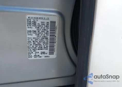 2013 Infiniti Fx37 from USA, damaged, VIN JN8CS1MU6DM141460